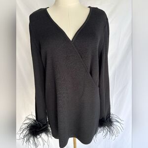 ✨️Rare 80s/90s Adrianna Papell Feather Trim Deep V-Neck Sweater Nwt